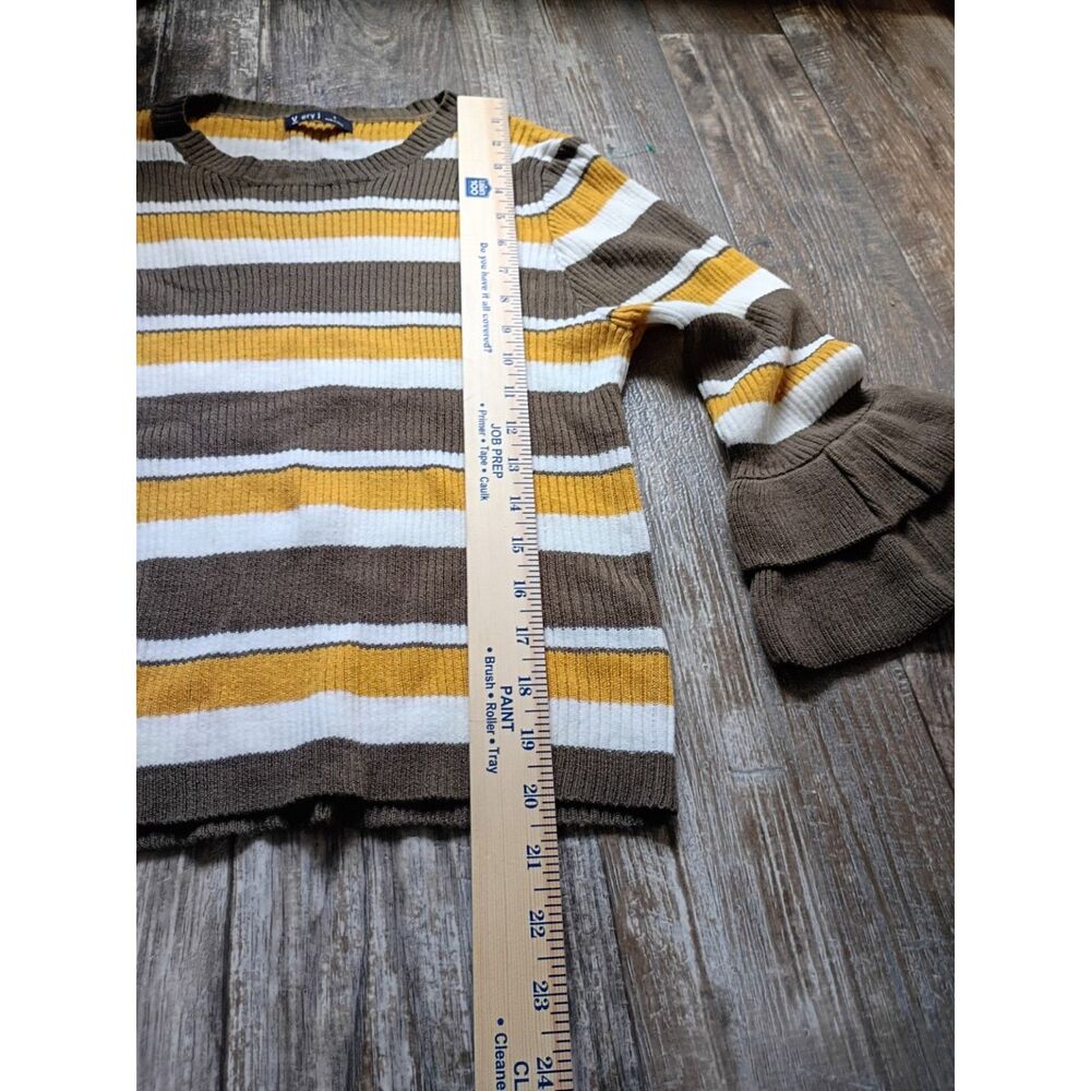 Very J Women's Small Striped Sweater Ruffle Bell Sleeve Brown Mustard White - Picture 7 of 7